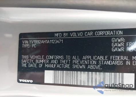 2010 Volvo S80 T6 z USA, uszkodzony, nr VIN YV1992AH1A1123471